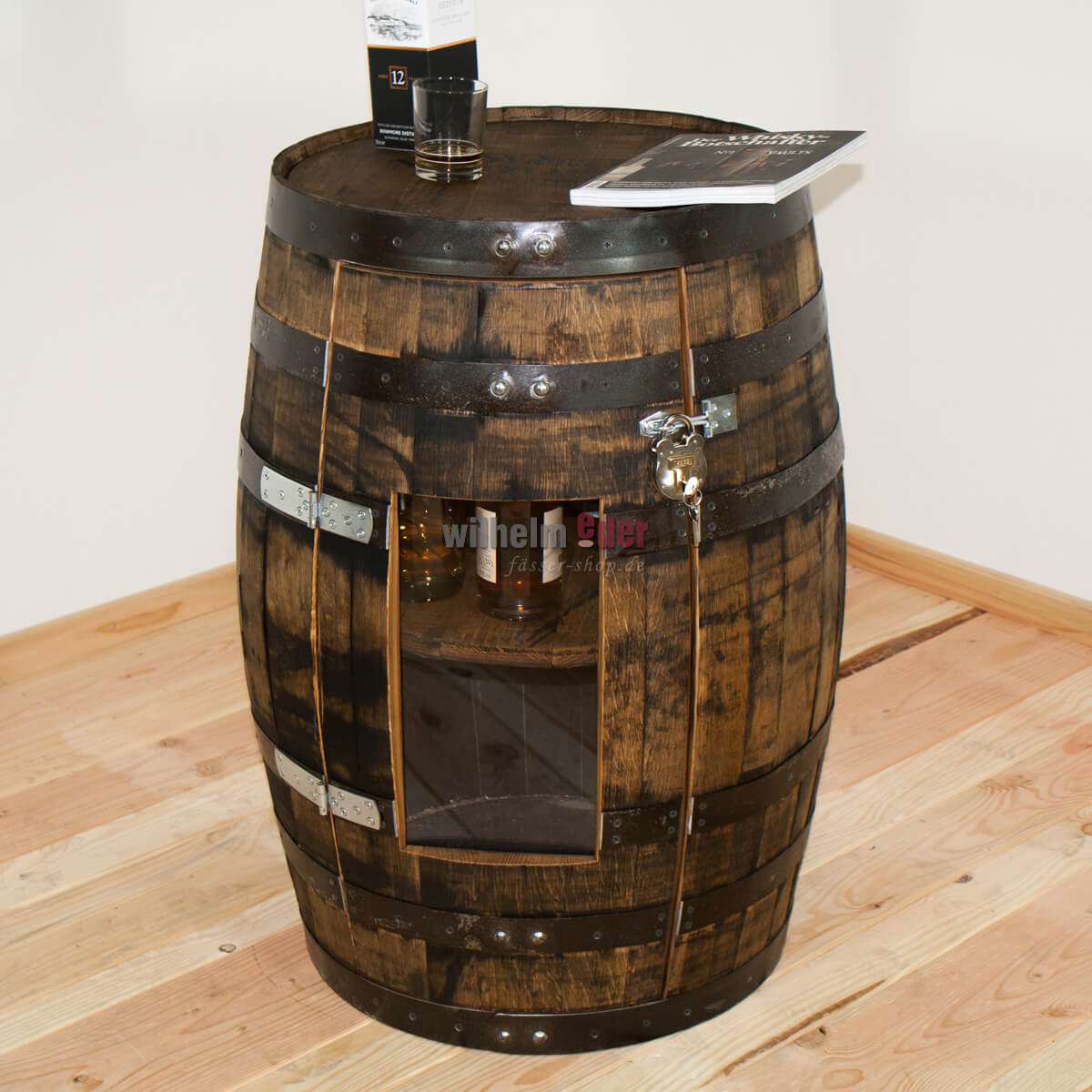 regalfass_bowmore_mit_tuer_natur_6 Tonneau de bourbon d'origine utilisé comme étagère 190 l, porte avec une vitre en plexiglas compris.